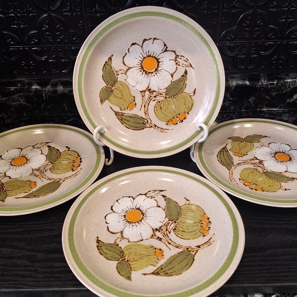 4 Vintage Verte Daisy Statastone Heavy Duty Retro Dinner Plates (Set 2)